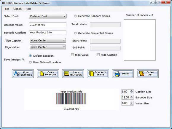 Barcode creator application creates label, sticker, tags of different font style