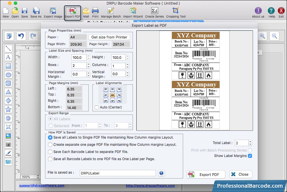 Export Label as pdf